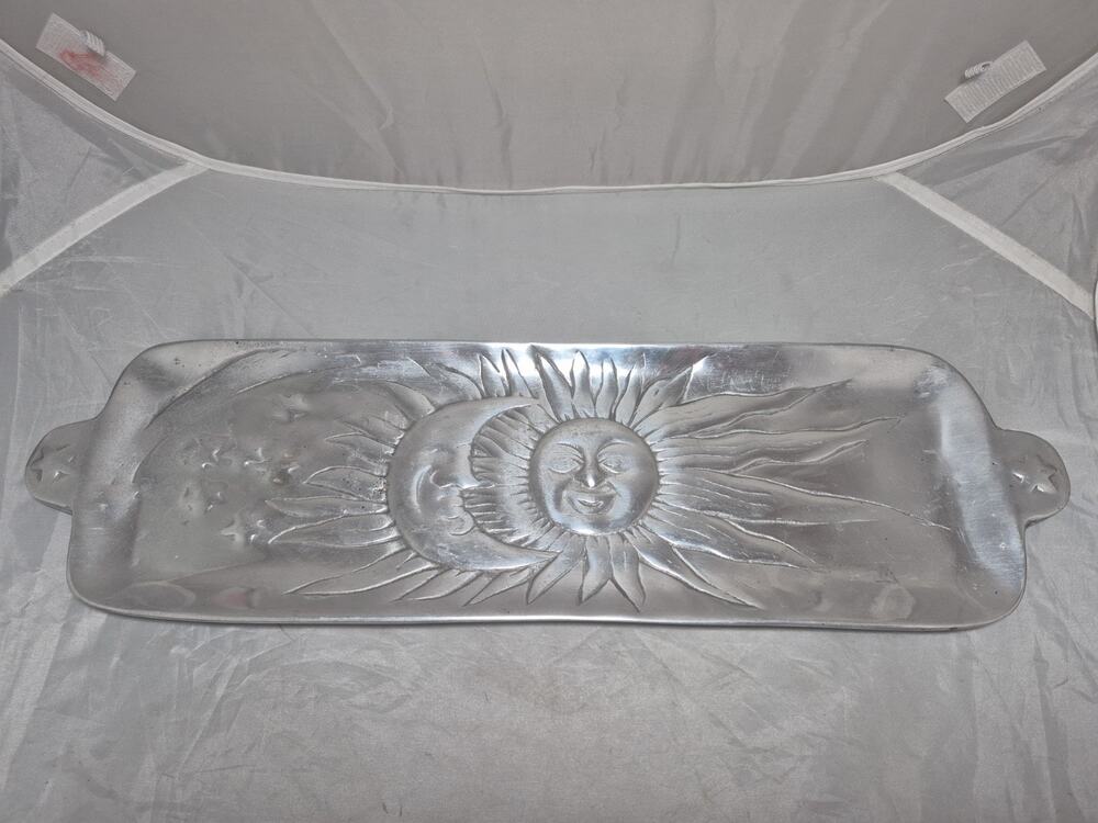 💥 Vintage Metal Serving Tray Sun Moon Face Celestial Pewter Tray Dish 1990s A7